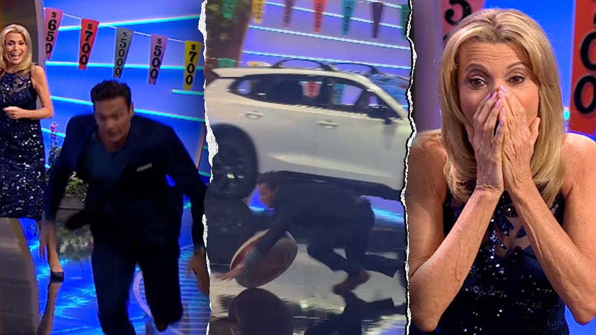 Ryan Seacrest Wipes Out on ‘Wheel of Fortune’ Stage: The Cheese Wheel Chase!